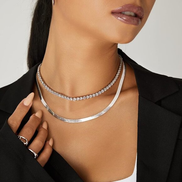 Cubic Zirconia Tennis Necklace for Women Silver Chain Choker Fashion Jewelry - Picture 2 of 8